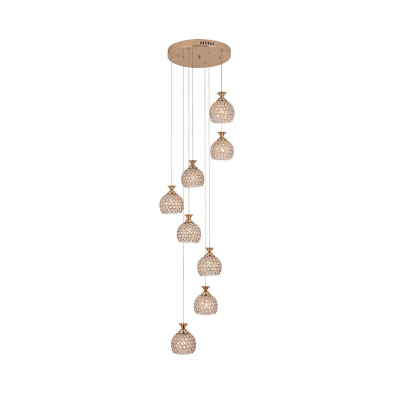 Contemporary Gold Crystal Dome Pendant Light With Spiral Design - 8-Light Multi Lamp