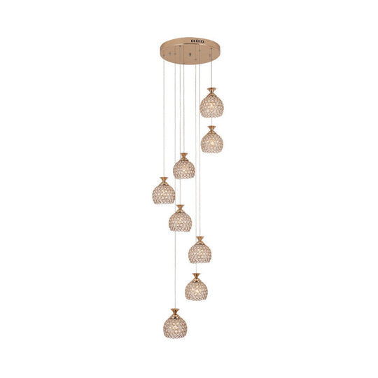 Contemporary Gold Crystal Dome Pendant Light With Spiral Design - 8-Light Multi Lamp