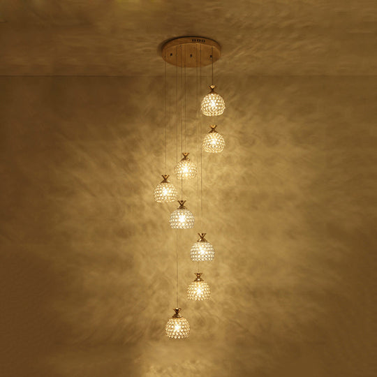 Contemporary Gold Crystal Dome Pendant Light With Spiral Design - 8-Light Multi Lamp