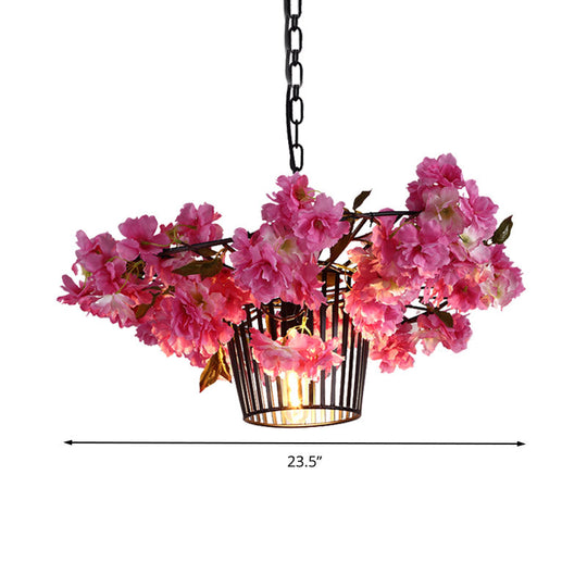 Industrial Cage Suspension Pendant Light With Cherry Blossom Design In Black - 18’/23.5’ Width