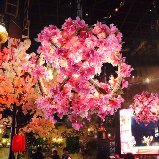 Retro Pink Ball Pendant Light With Flower Decoration Led Ceiling Lamp For Restaurants - 14/18/19.5