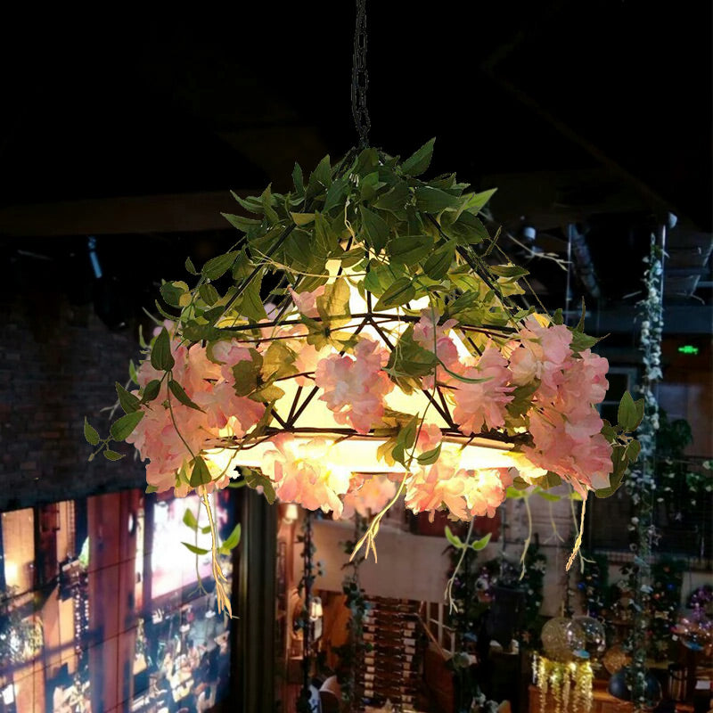 Industrial Metal Diamond Led Pendant Lamp With Rose Decoration In Pink/Light Pink - 18’/23.5’ W