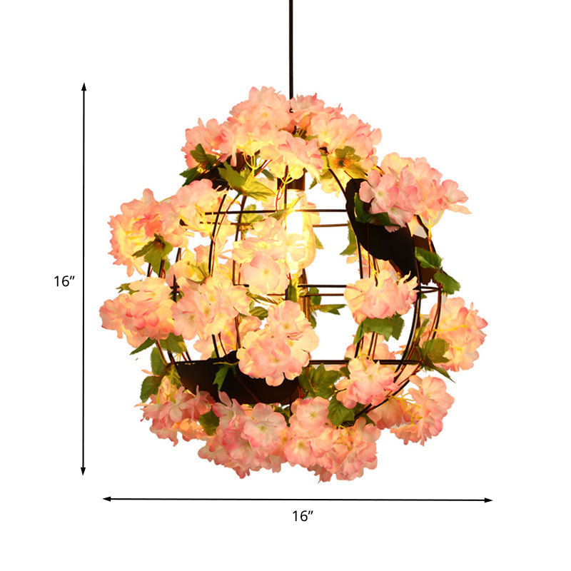 12/16 Metal Black Drop Lamp Orb 1 Head Pendant With Cherry Blossom - Industrial Led Down Lighting