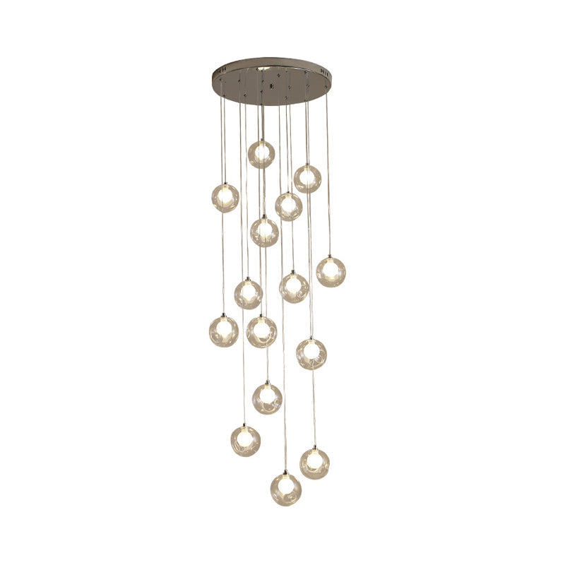 Modernist Ball Clear Dimpled Glass Multi Lamp Pendant With 16 Hanging Heads - White