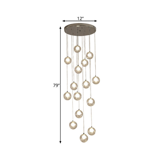 Modernist Ball Clear Dimpled Glass Multi Lamp Pendant With 16 Hanging Heads - White