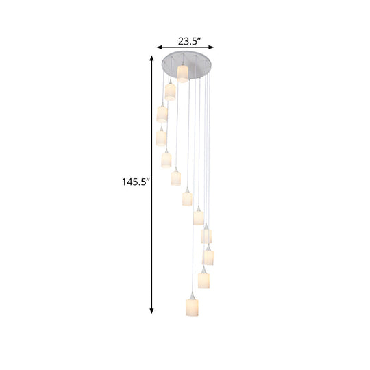 Contemporary Milk Glass Spiral Stair Pendant Light - 12 Head Round/Square Cluster White Hanging Lamp