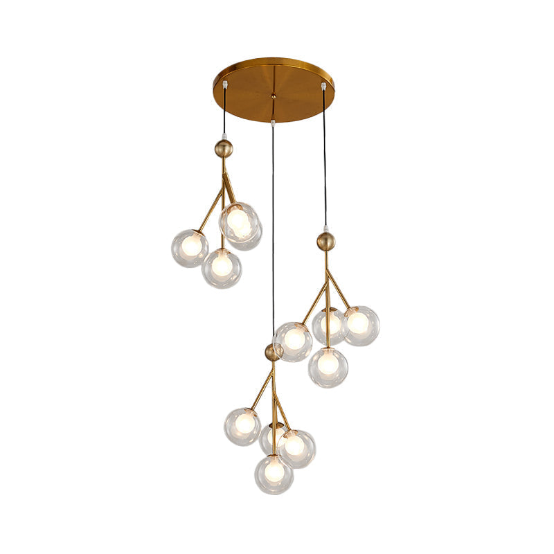 Modern Black/Gold Multi-Light Pendant With 12 Led Bulbs - Clear/Amber/Smoke Gray Glass Sphere Design
