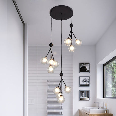 Modern Black/Gold Multi-Light Pendant With 12 Led Bulbs - Clear/Amber/Smoke Gray Glass Sphere Design