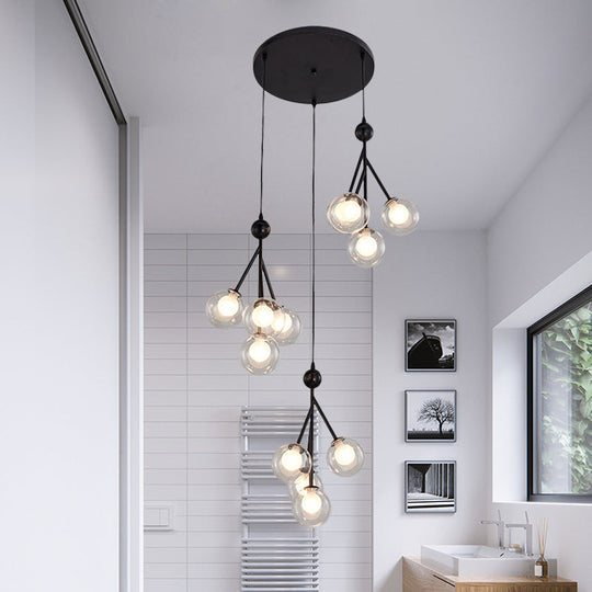Modern Black/Gold Multi-Light Pendant With 12 Led Bulbs - Clear/Amber/Smoke Gray Glass Sphere Design