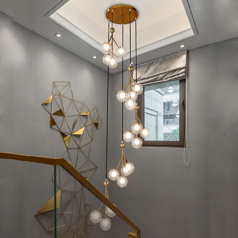 Minimalist Clear/Amber/Smoke Gray Glass Stair Cluster Pendant Lamp - Global 20-Light Ceiling Light