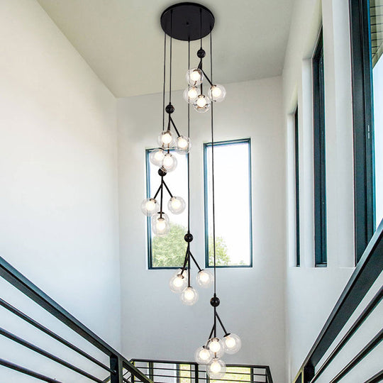Minimalist 20-Light Stair Cluster Pendant Lamp With Clear/Amber/Smoke Gray Glass And Black/Gold
