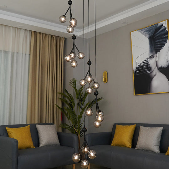 Minimalist 20-Light Stair Cluster Pendant Lamp With Clear/Amber/Smoke Gray Glass And Black/Gold