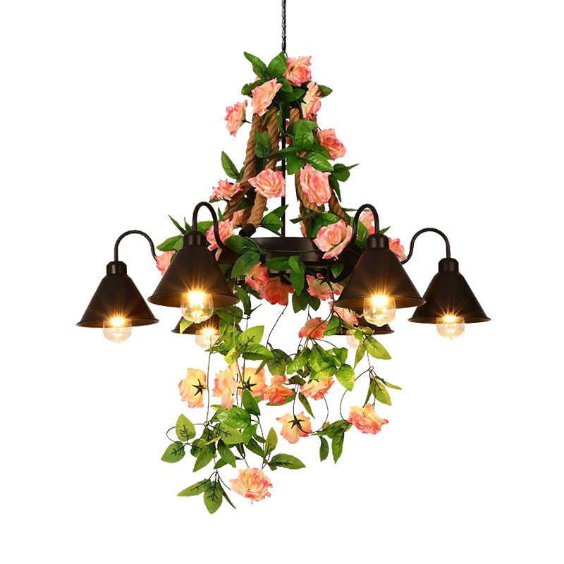 Industrial Metal Cone Chandelier - 6/8 Lights Black With Flower Decoration Led Ceiling Pendant For