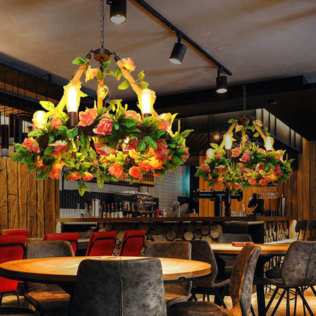 Industrial Metal Black Hanging Chandelier - 6-Light Led Pendant Lighting With Flower Decor