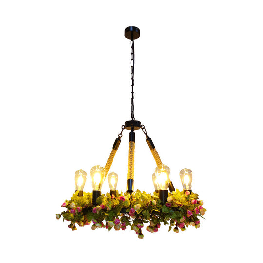 6-Bulb Industrial Metal Led Chandelier - Exposed Bulb Ceiling Pendant In Black With Rose Detailing