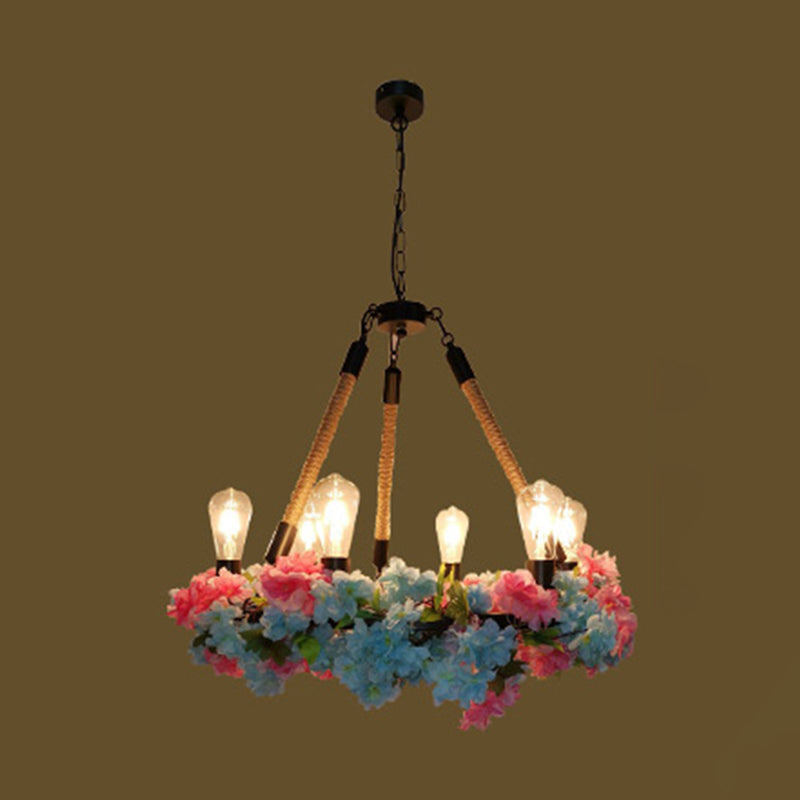 Industrial Metal Led Chandelier With 6 Bulbs Black Finish And Cherry Blossom Detail