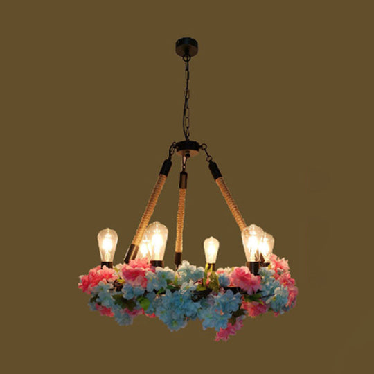 Industrial Metal Led Chandelier With 6 Bulbs Black Finish And Cherry Blossom Detail
