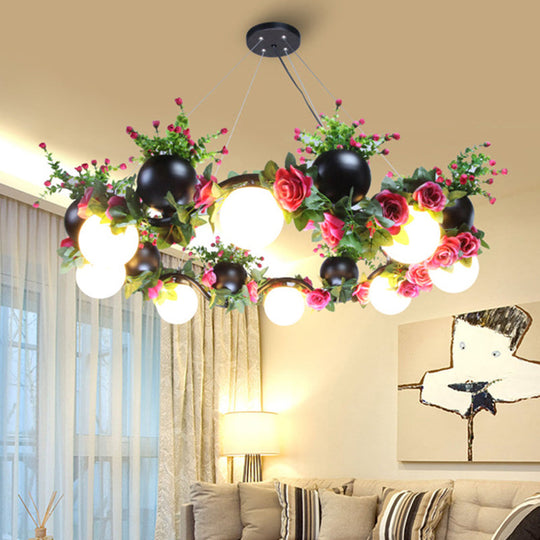 Industrial Metal Sphere Ceiling Lamp With Flower Decoration - 8 Bulbs Black. Perfect For Living Room
