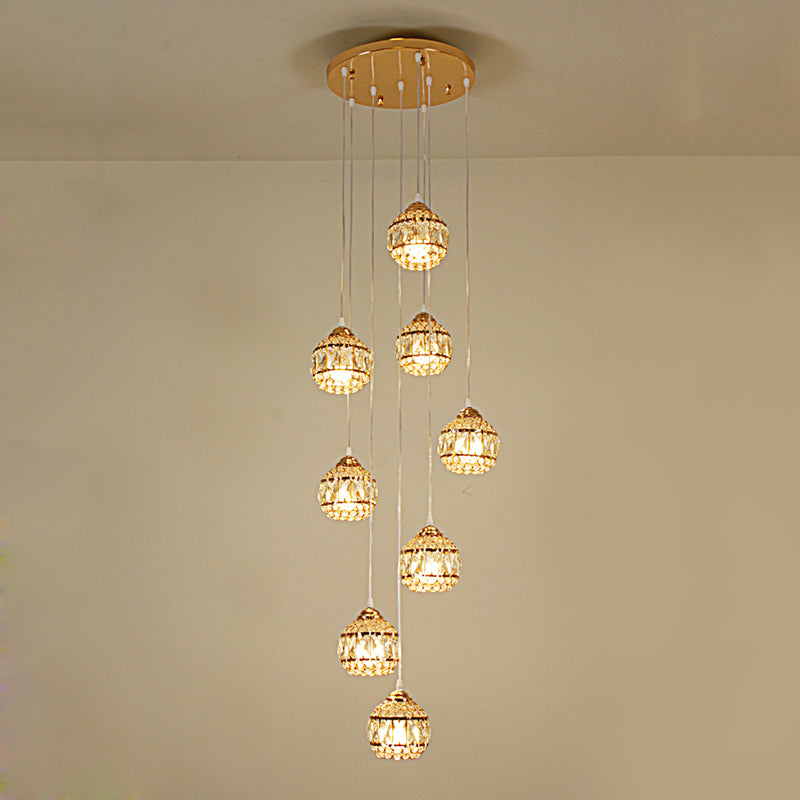 Stylish 8-Light Meteor Shower Crystal Pendant Ceiling Light In Modern Gold For Staircases