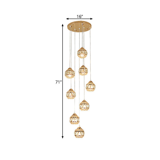 Stylish 8-Light Meteor Shower Crystal Pendant Ceiling Light In Modern Gold For Staircases