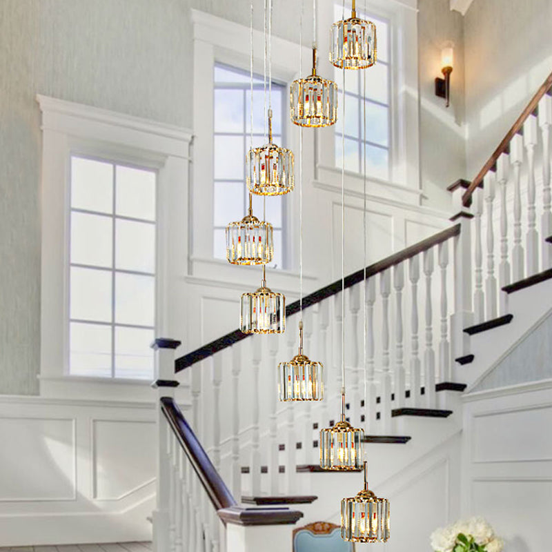 Modern Gold Crystal Mini Drum Pendant Light With Spiral Design - 8 Bulbs