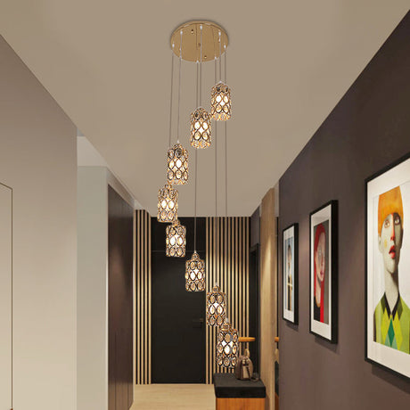 Contemporary Gold Stair Pendant With 8 Cylinder Shade Multi-Lights
