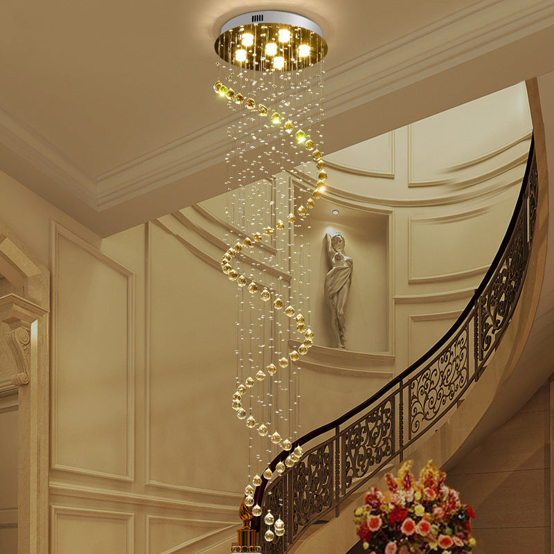 Contemporary Crystal Gold Pendant With Led Spiral 6-Head Multi Light Hanging Lamp