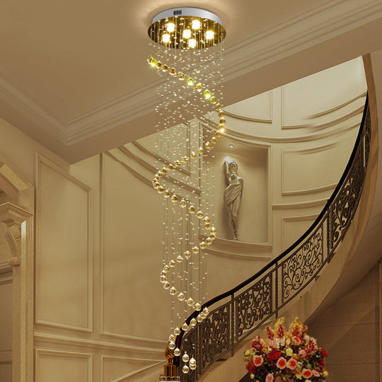 Contemporary Crystal Gold Pendant With Led Spiral 6-Head Multi Light Hanging Lamp
