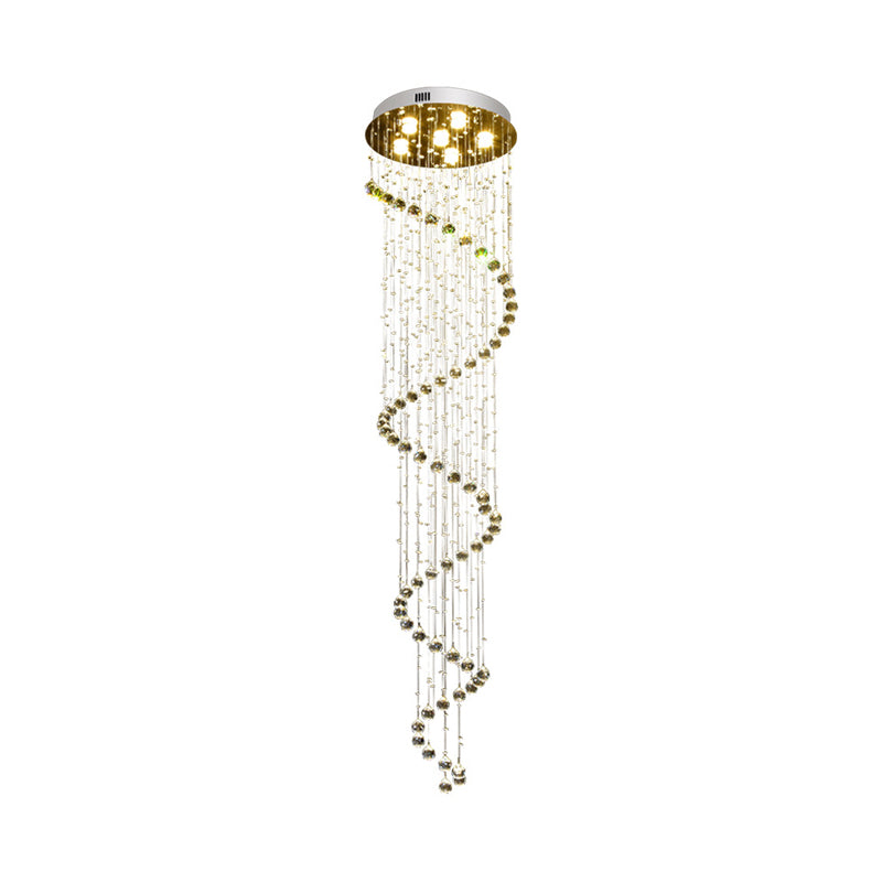 Contemporary Crystal Gold Pendant With Led Spiral 6-Head Multi Light Hanging Lamp