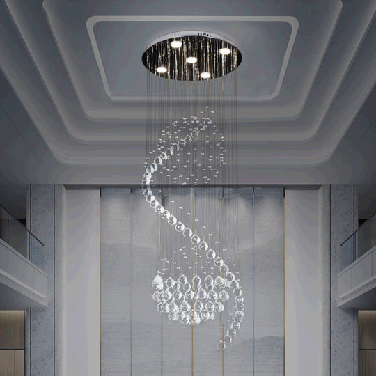 Contemporary Clear Crystal Spiral Pendant With 5 Led Lights - Stylish Living Room Hanging Lamp