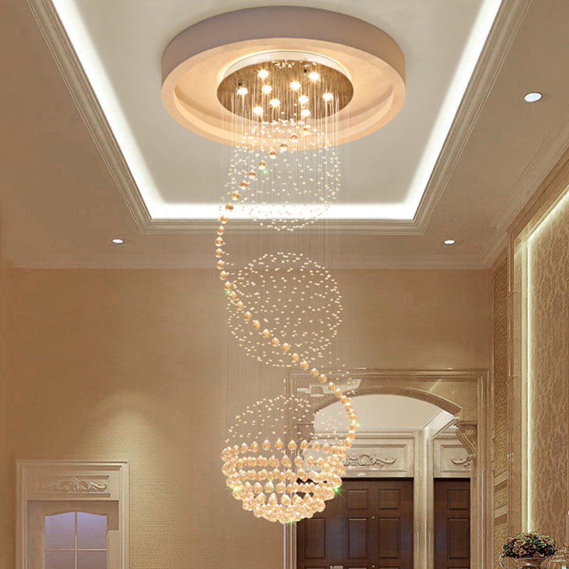 Modern Silver Crystal Ball Pendant Light With 10-Lights Ideal For Staircases