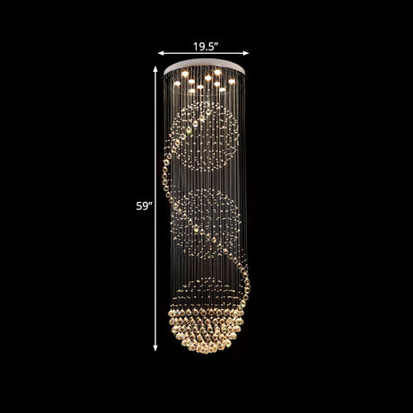 Modern Crystal Ball Pendant - Silver 10-Light Hanging Light For Stairway