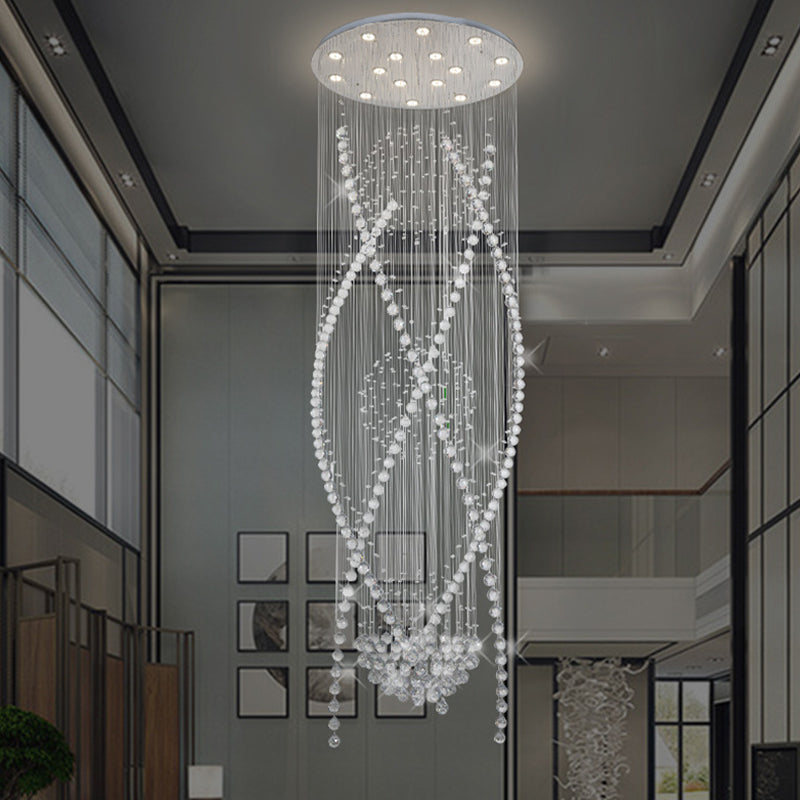 White Crystal Stair Cluster Pendant Light - Contemporary Hanging Lamp With 12 Bulbs