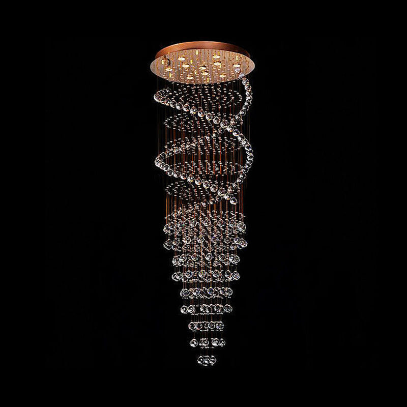 Modern 10-Head Spiral Hanging Lamp With Brass Finish Clear Crystals And Led Lights