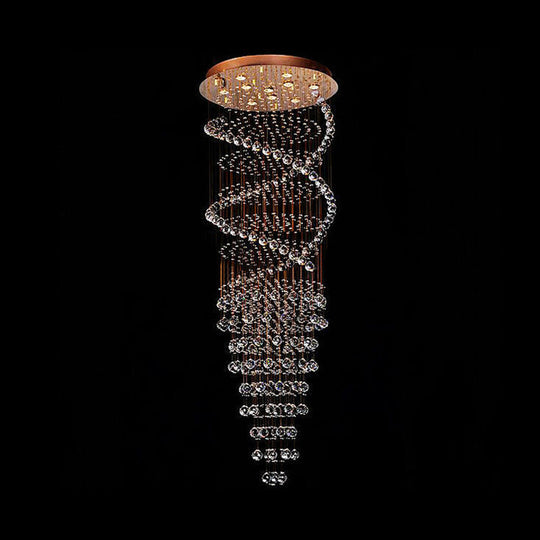 Modern 10-Head Spiral Hanging Lamp With Brass Finish Clear Crystals And Led Lights