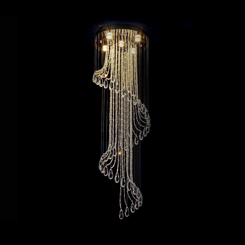 5-Light Black Led Ceiling Pendant With Clear Crystal Spiral Cluster For Contemporary Living Room