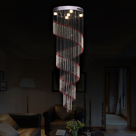 Modern Spiral Cascades Hanging Lamp - 5 Bulbs Silver Clear And Red Crystal Led Multi Light Pendant