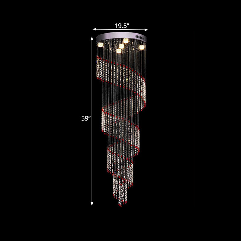 Modern Spiral Cascades Hanging Lamp - 5 Bulbs Silver Clear And Red Crystal Led Multi Light Pendant