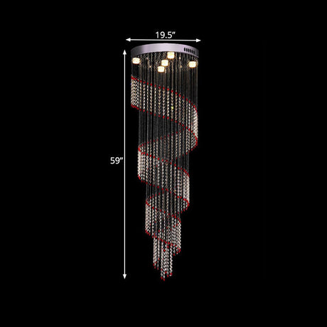 Modern Spiral Cascades Hanging Lamp - 5 Bulbs Silver Clear And Red Crystal Led Multi Light Pendant
