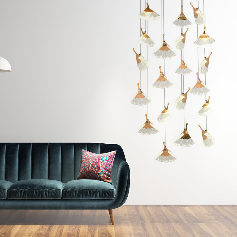 Contemporary Gold Ginkgo Leaf Stair Pendant Light - 24 Heads Acrylic Suspension Lamp