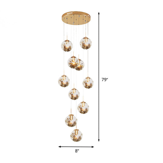 Contemporary Gold Ball Chandelier With Amber Dimpled Glass Pendant Bulbs - 10-Bulb Multi-Light For