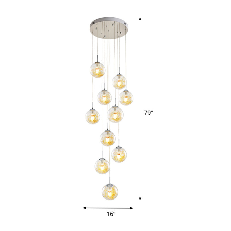 Modern 10-Head Multi-Light Pendant With Clear Glass Sphere Shade - Silver