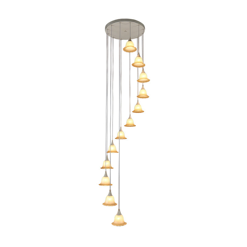 Modern White Glass Flower Multi Pendant Ceiling Lamp With Spiral Design - 12 Lights For Stairs