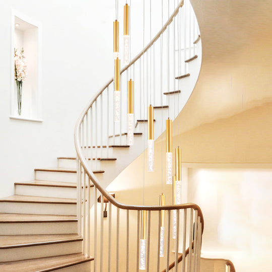 Contemporary Gold Slim Tube Hanging Light - Acrylic 10-Light Stair Pendant Chandelier
