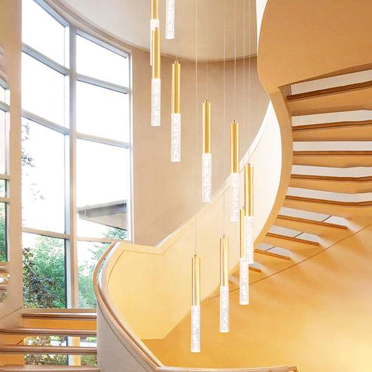 Contemporary Gold Slim Tube Hanging Light - Acrylic 10-Light Stair Pendant Chandelier
