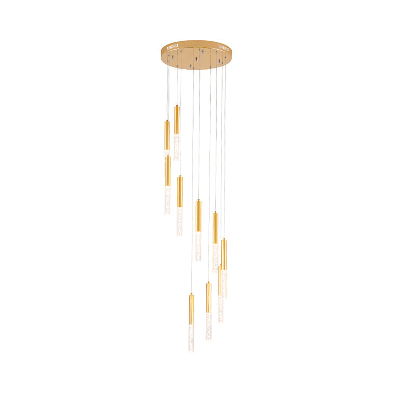 Contemporary Gold Slim Tube Hanging Light - Acrylic 10-Light Stair Pendant Chandelier