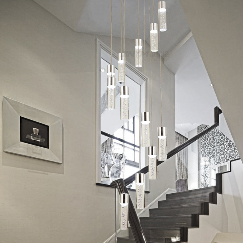 Modernist Gold/Silver Tube Stair Pendant Light With Spiral Design - 12 Heads Silver