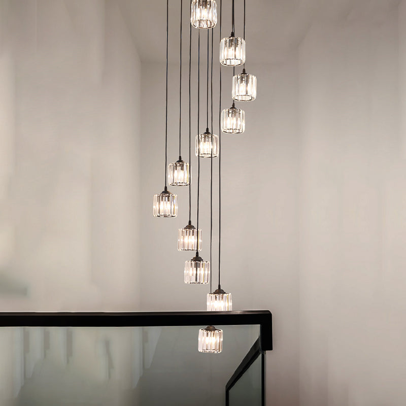 Contemporary Black Cylinder Crystal Pendant - 12 Light Hanging Lamp For Living Room