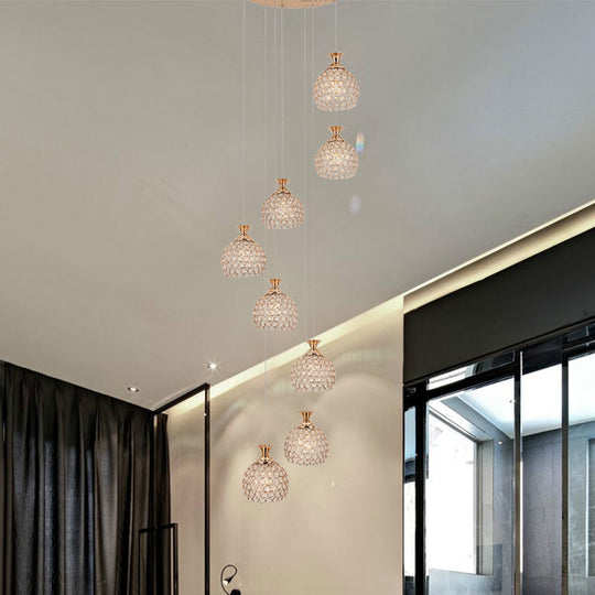 Modern Brass 8-Head Pendant Lamp With Crystal Dome Shade - Unique Suspension Lighting Cluster