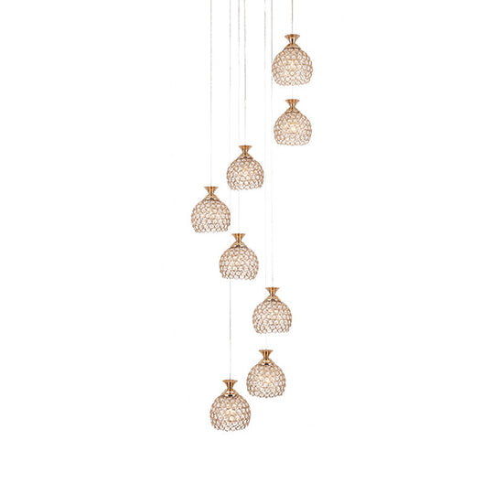 Modern Brass 8-Head Pendant Lamp With Crystal Dome Shade - Unique Suspension Lighting Cluster
